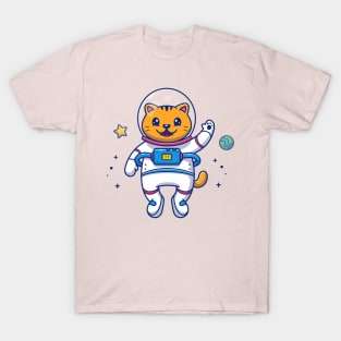 Cute Cat Astronaut Flying In Space Cartoon T-Shirt